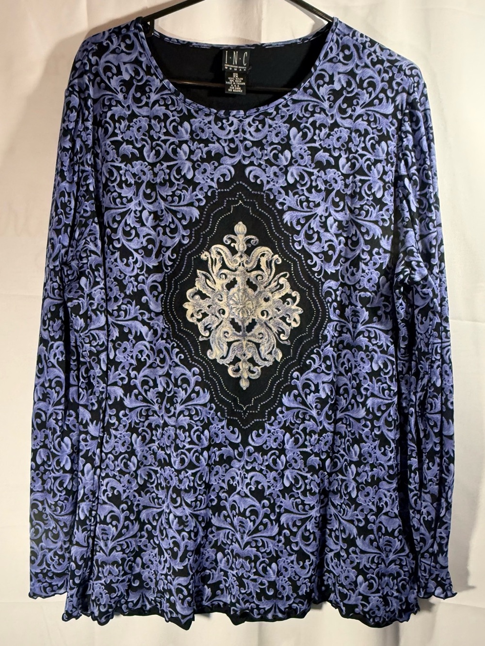 INC International Concepts Blue Patterned Long-Sleeve Top Size 2X